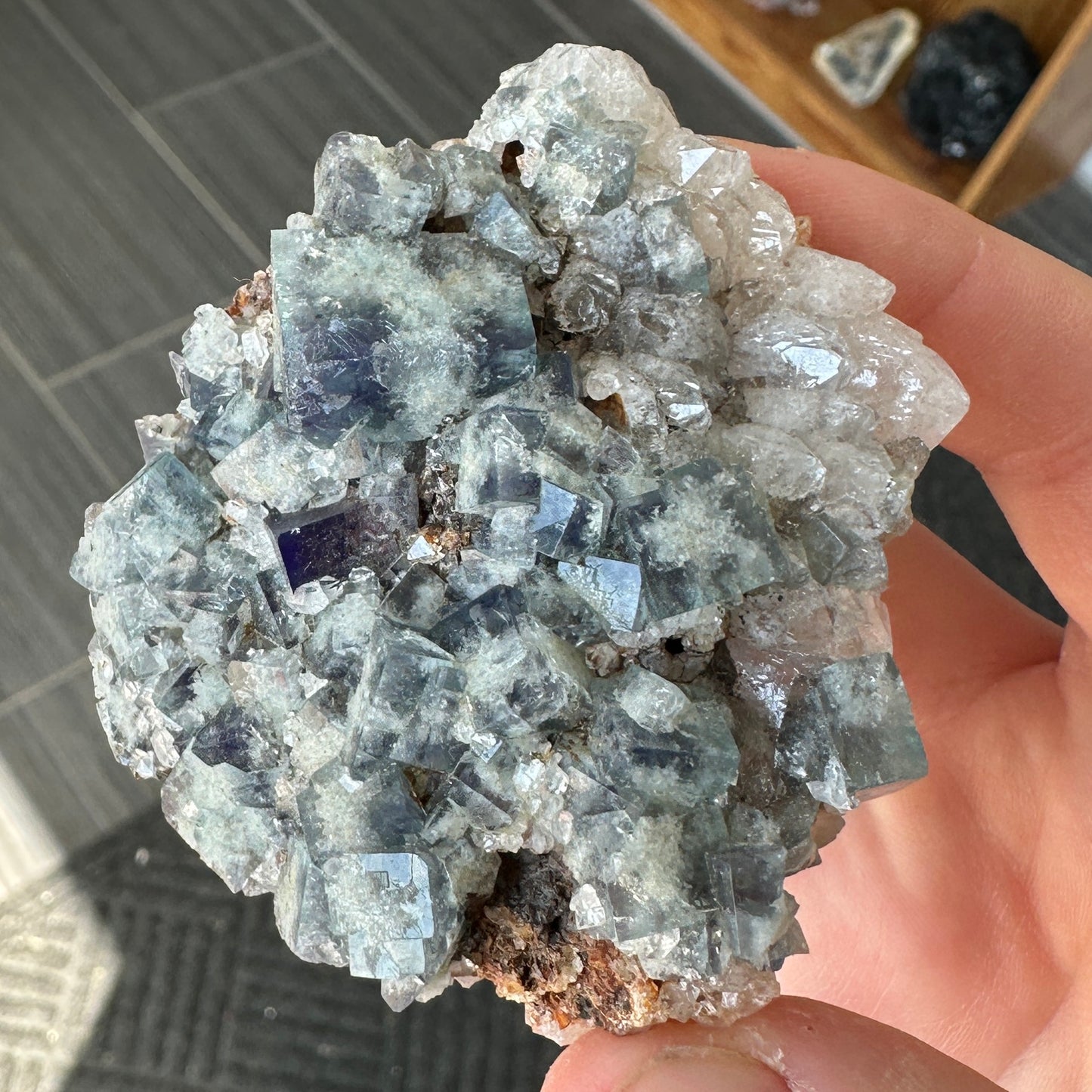 Cabinet Size Green-Blue Daylight UV Reactive Fluorite with Quartz from the Hidden Forest Pocket, Diana Maria Mine, UK