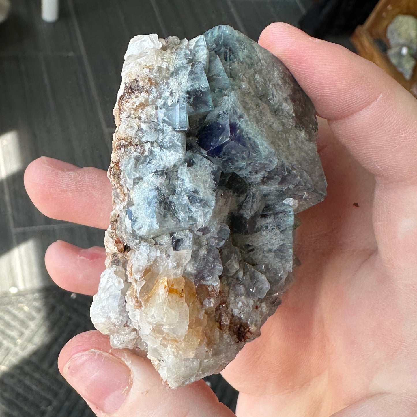 Cabinet Size Green-Blue Daylight UV Reactive Fluorite with Quartz from the Hidden Forest Pocket, Diana Maria Mine, UK