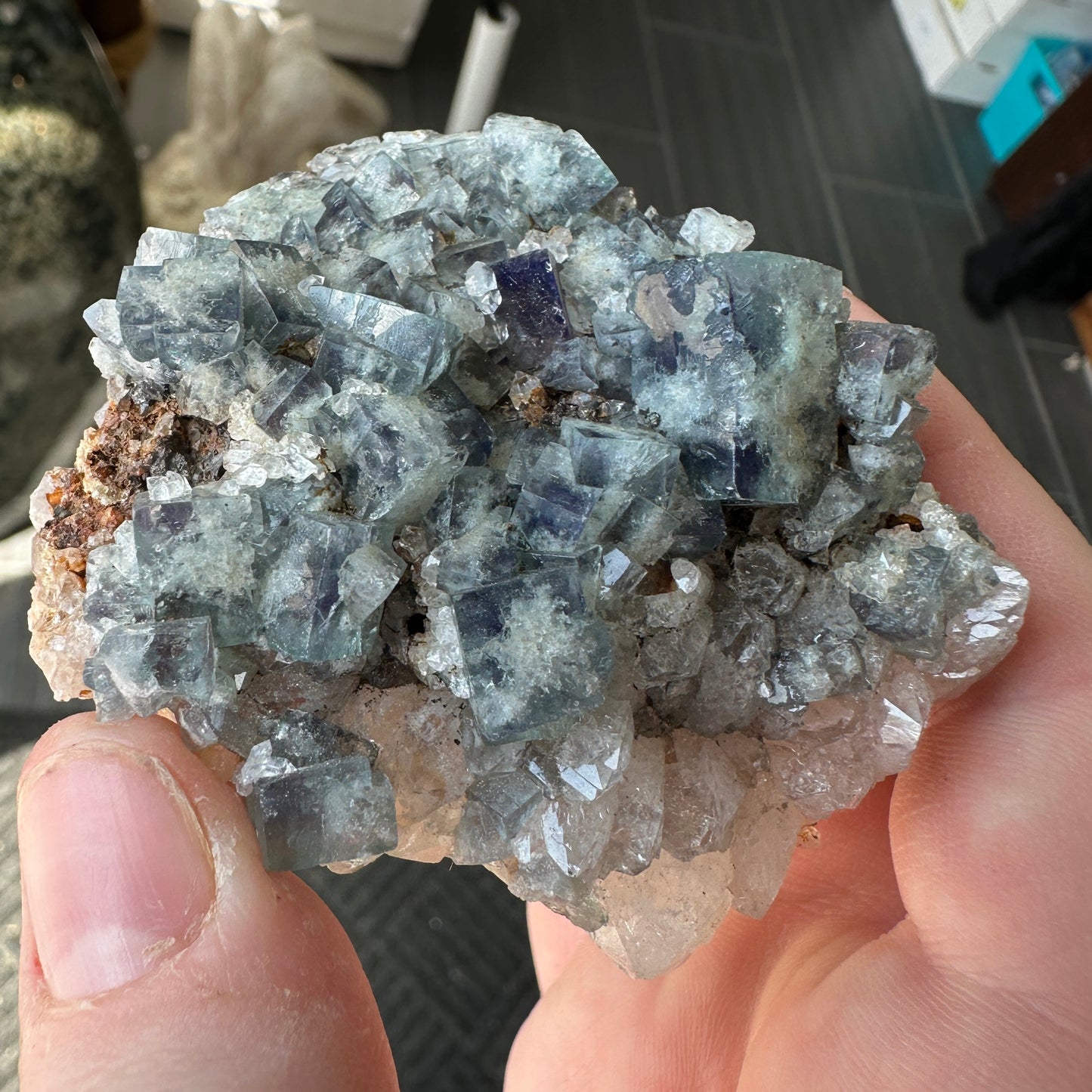 Cabinet Size Green-Blue Daylight UV Reactive Fluorite with Quartz from the Hidden Forest Pocket, Diana Maria Mine, UK