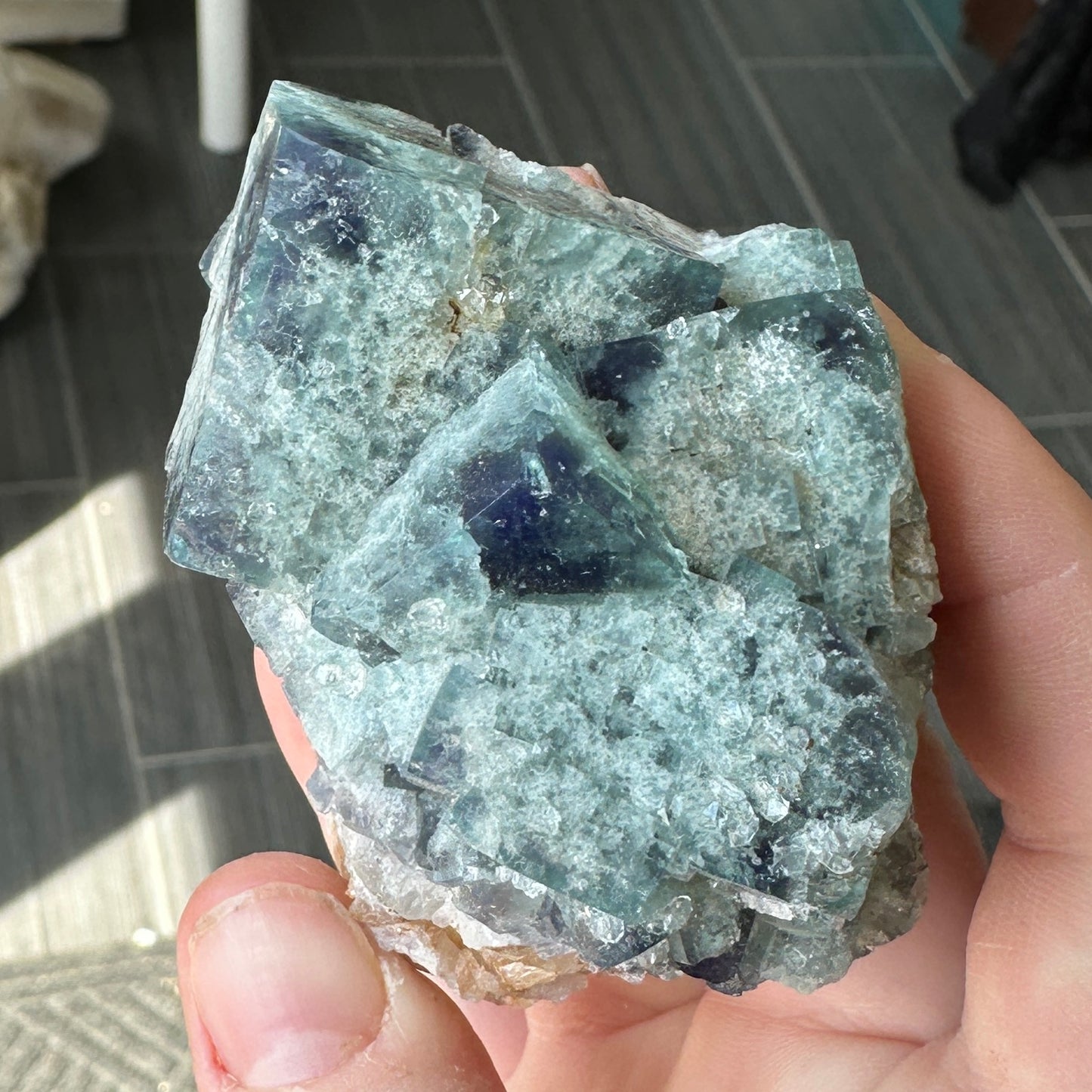Cabinet Size Green-Blue Daylight UV Reactive Fluorite with Quartz from the Hidden Forest Pocket, Diana Maria Mine, UK