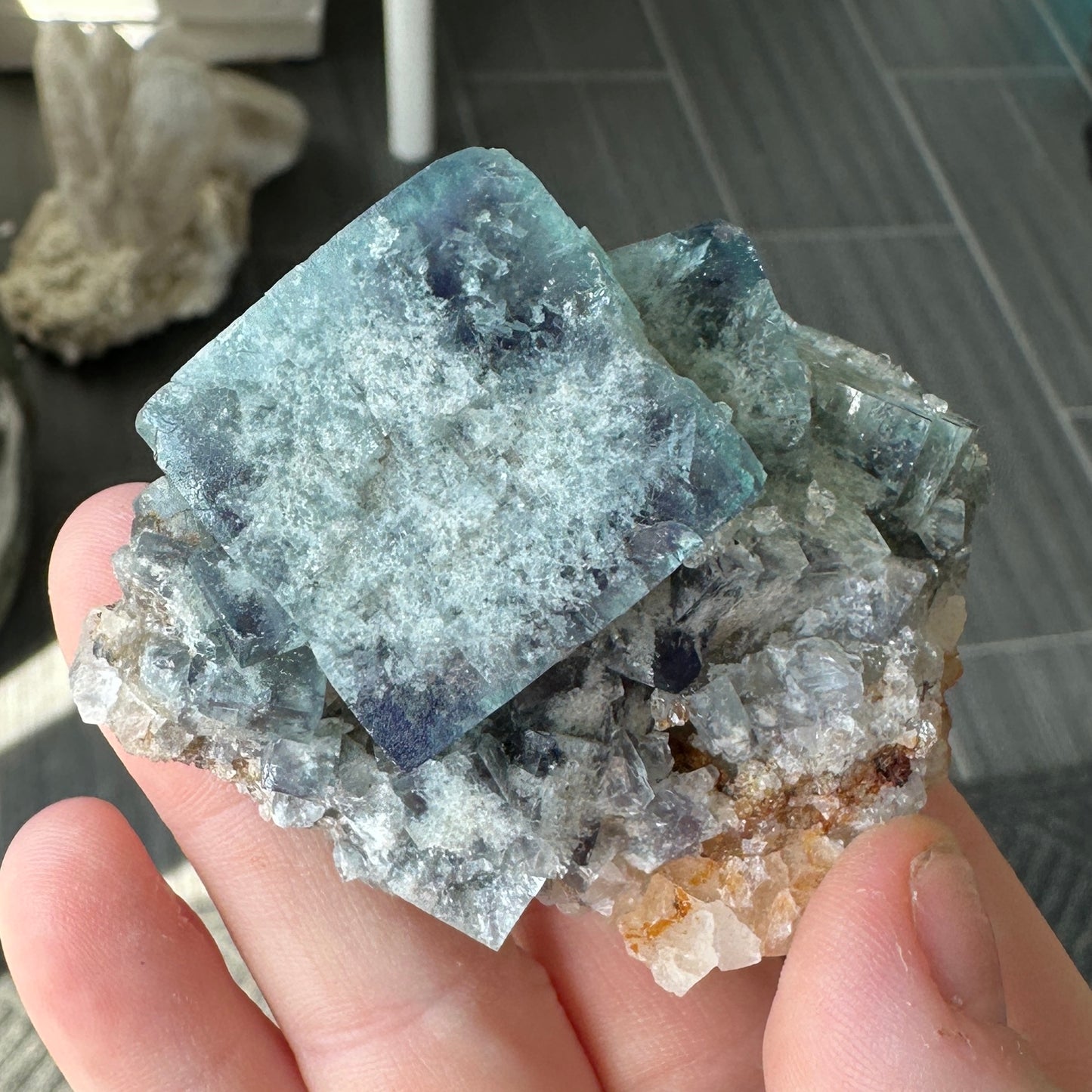 Cabinet Size Green-Blue Daylight UV Reactive Fluorite with Quartz from the Hidden Forest Pocket, Diana Maria Mine, UK