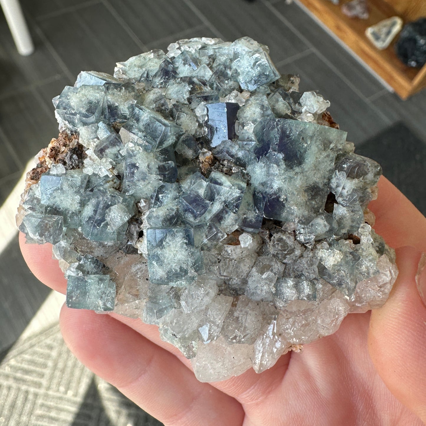 Cabinet Size Green-Blue Daylight UV Reactive Fluorite with Quartz from the Hidden Forest Pocket, Diana Maria Mine, UK