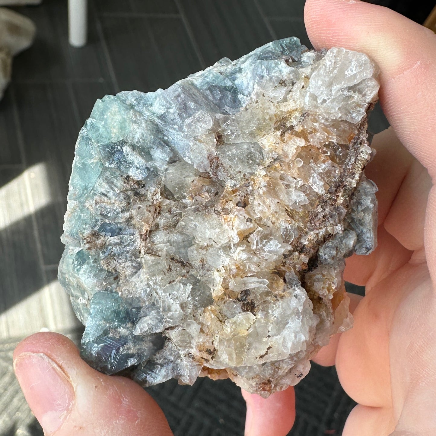 Cabinet Size Green-Blue Daylight UV Reactive Fluorite with Quartz from the Hidden Forest Pocket, Diana Maria Mine, UK