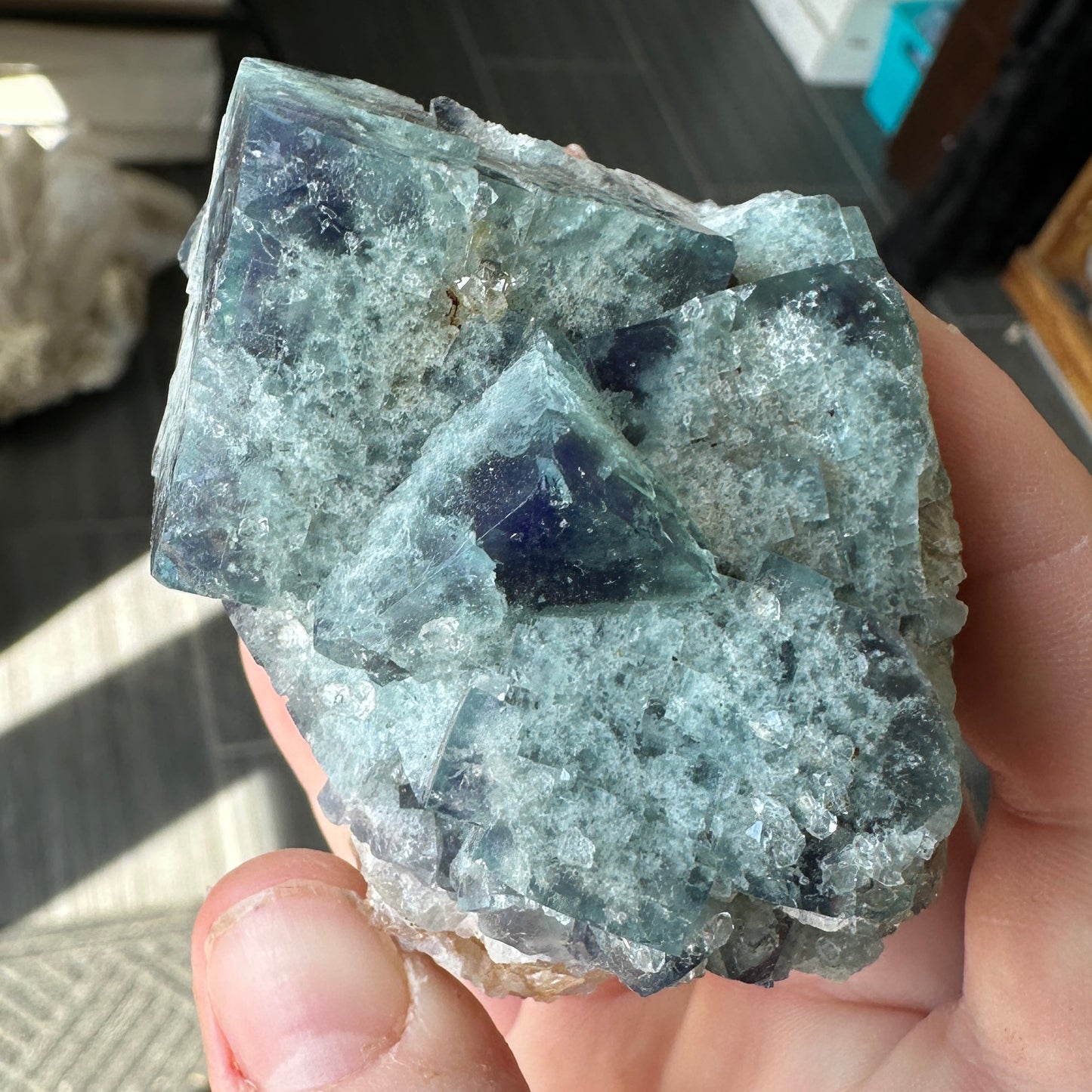 Cabinet Size Green-Blue Daylight UV Reactive Fluorite with Quartz from the Hidden Forest Pocket, Diana Maria Mine, UK