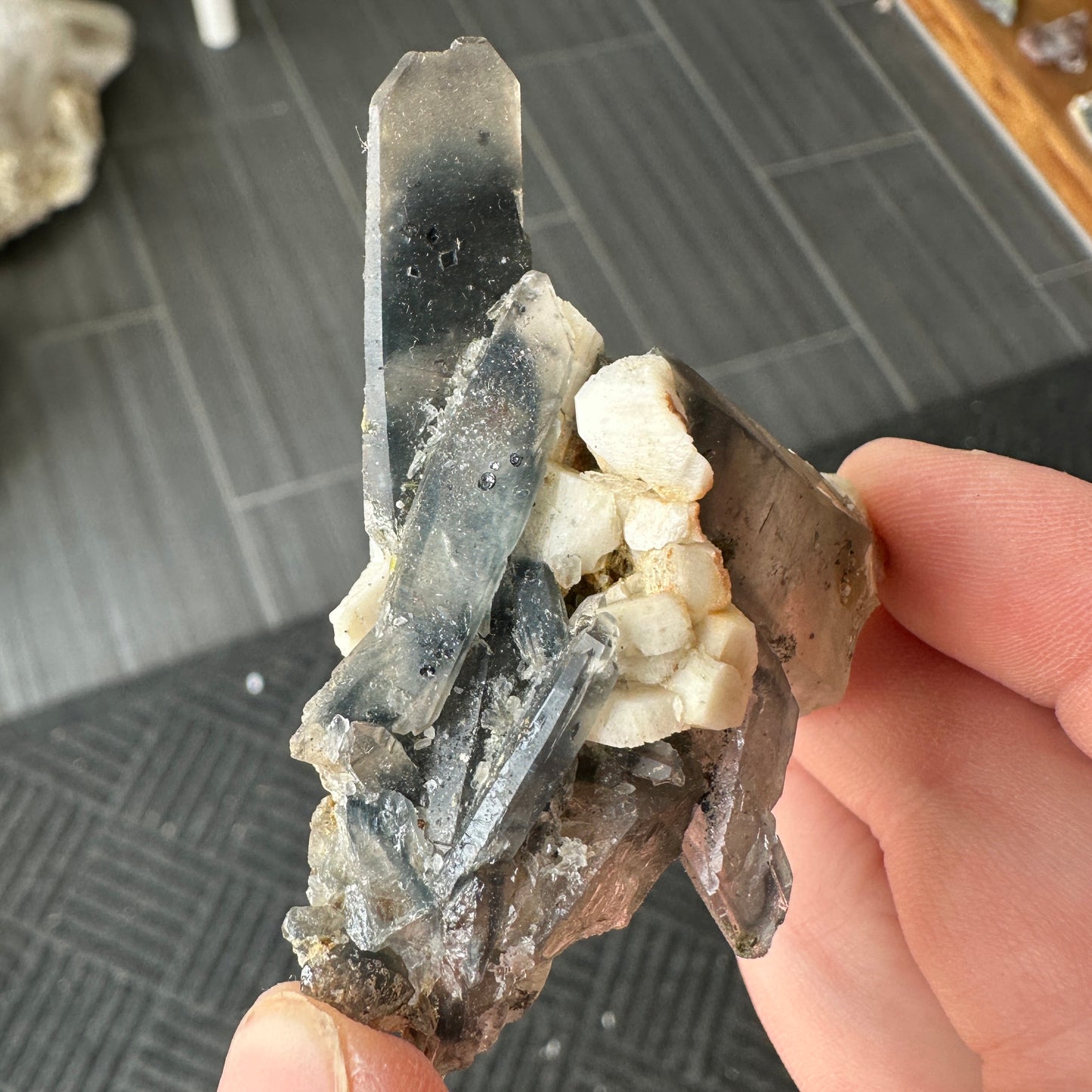 Miniature Sized Magnesioriebeckite Included Blue Quartz with Microcline Feldspar and Aegirine from Mount Malosa, Malawi