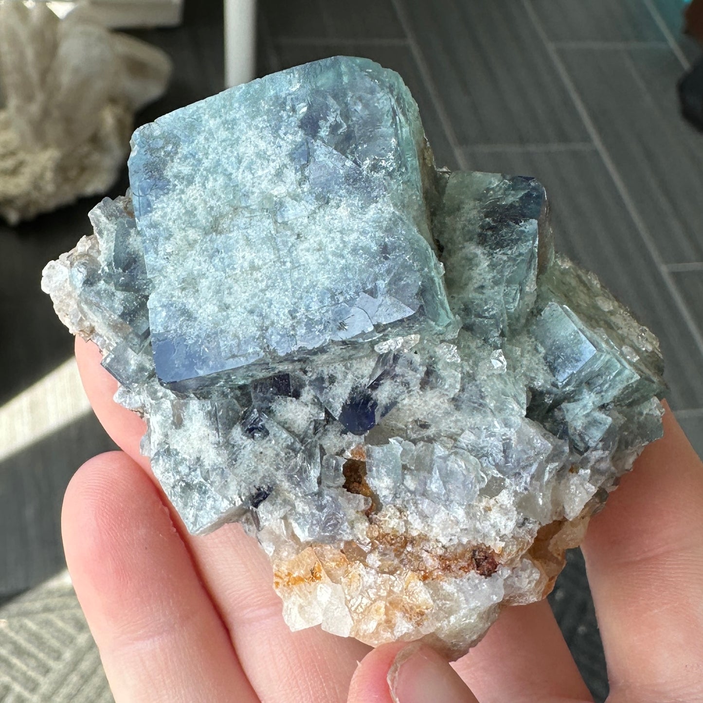 Cabinet Size Green-Blue Daylight UV Reactive Fluorite with Quartz from the Hidden Forest Pocket, Diana Maria Mine, UK