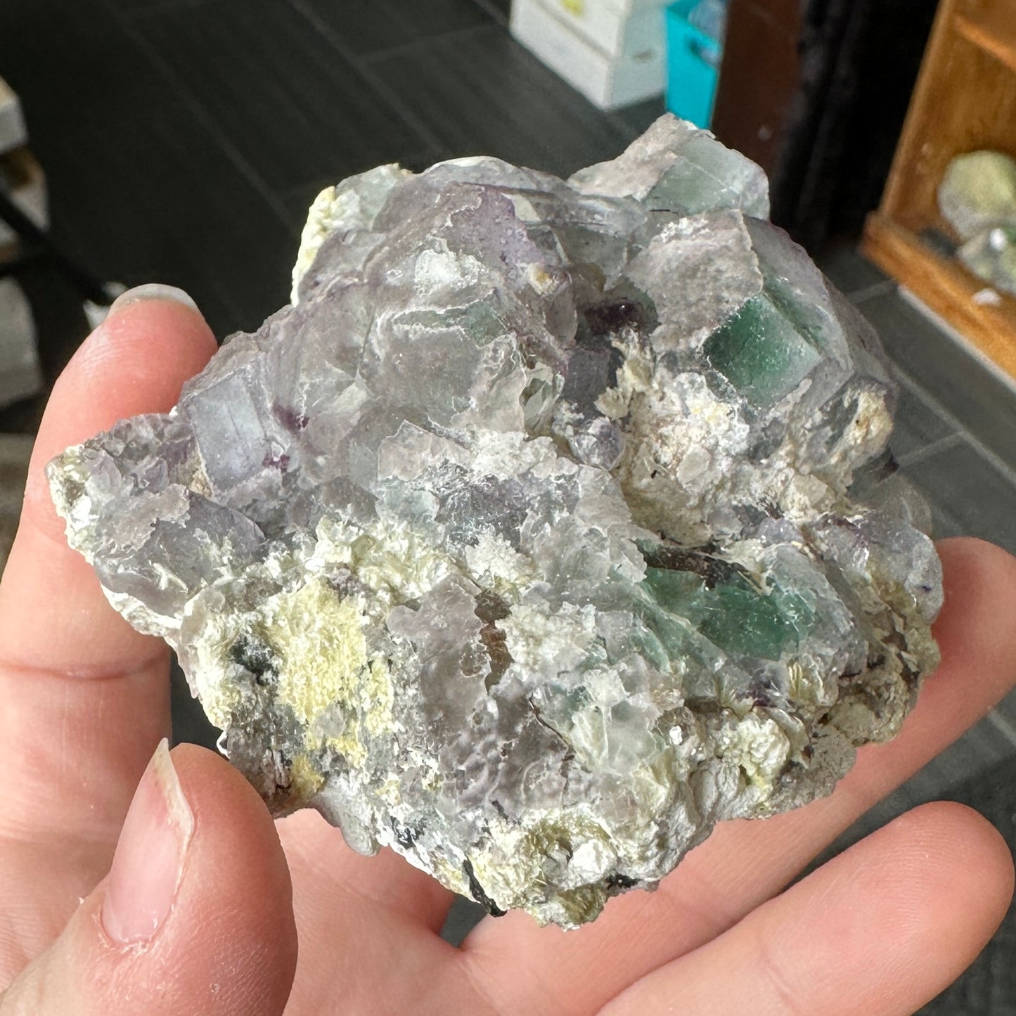 Cabinet Size Green and Purple Fluorite on Feldspar with Hyalite Opal from Erongo Mountain, Namibia