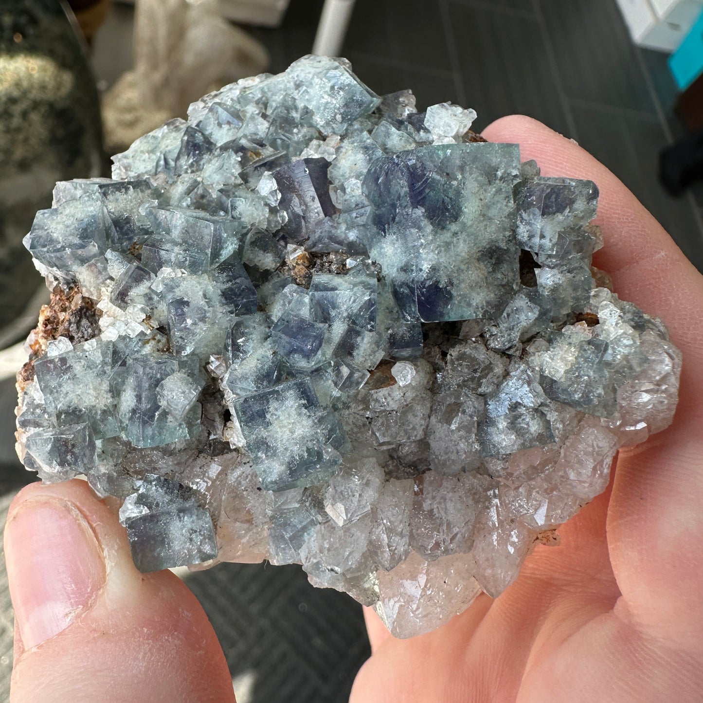 Cabinet Size Green-Blue Daylight UV Reactive Fluorite with Quartz from the Hidden Forest Pocket, Diana Maria Mine, UK