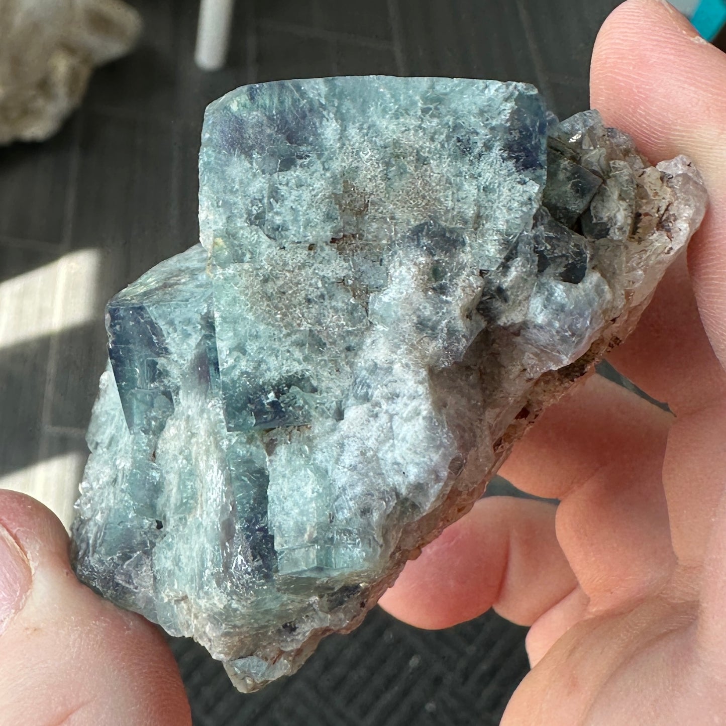 Cabinet Size Green-Blue Daylight UV Reactive Fluorite with Quartz from the Hidden Forest Pocket, Diana Maria Mine, UK