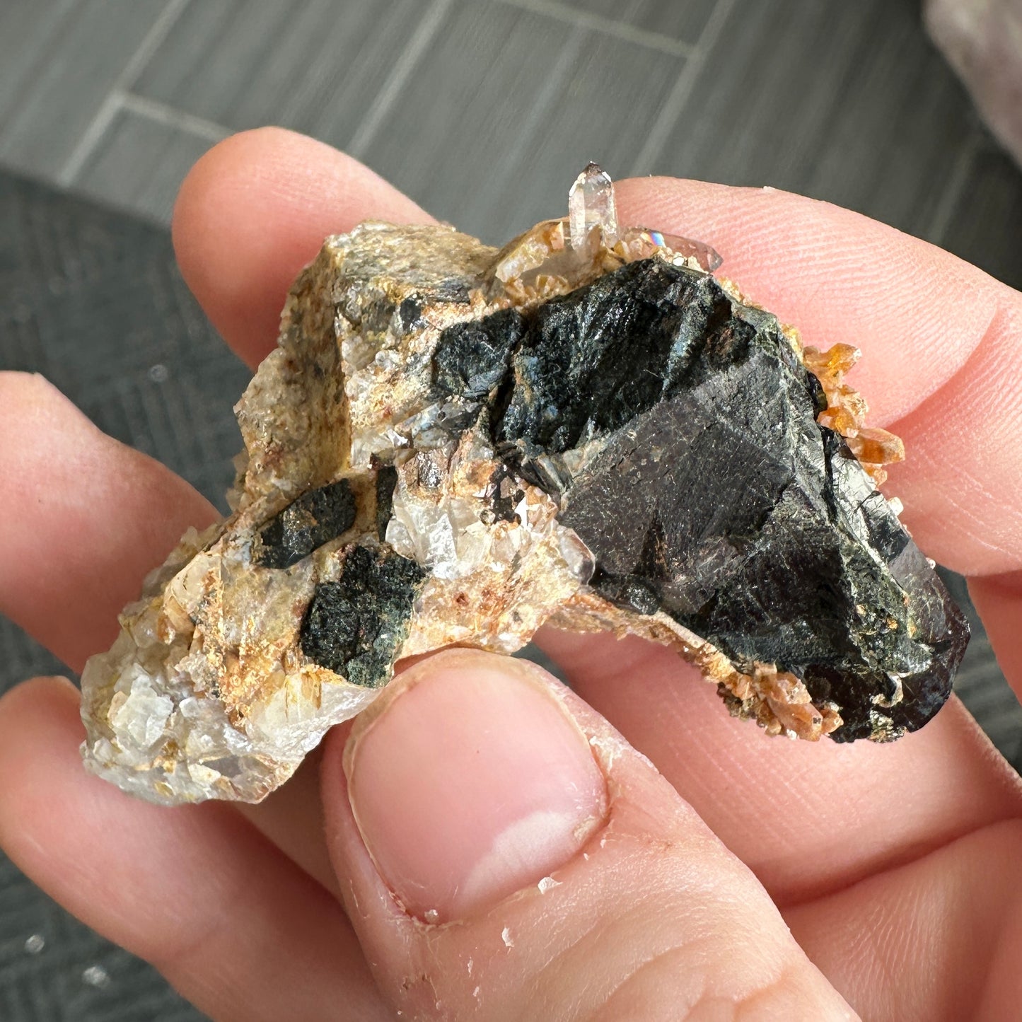 Miniature Sized Zircon on Smoky Quartz with Aegirine from Mount Malosa, Malawi
