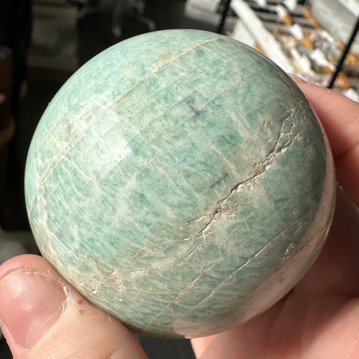 Vibrant 6.15cm Blue Green Amazonite Sphere from Brazil