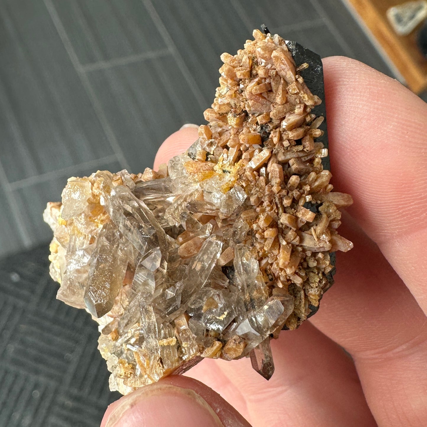 Miniature Sized Zircon on Smoky Quartz with Aegirine from Mount Malosa, Malawi