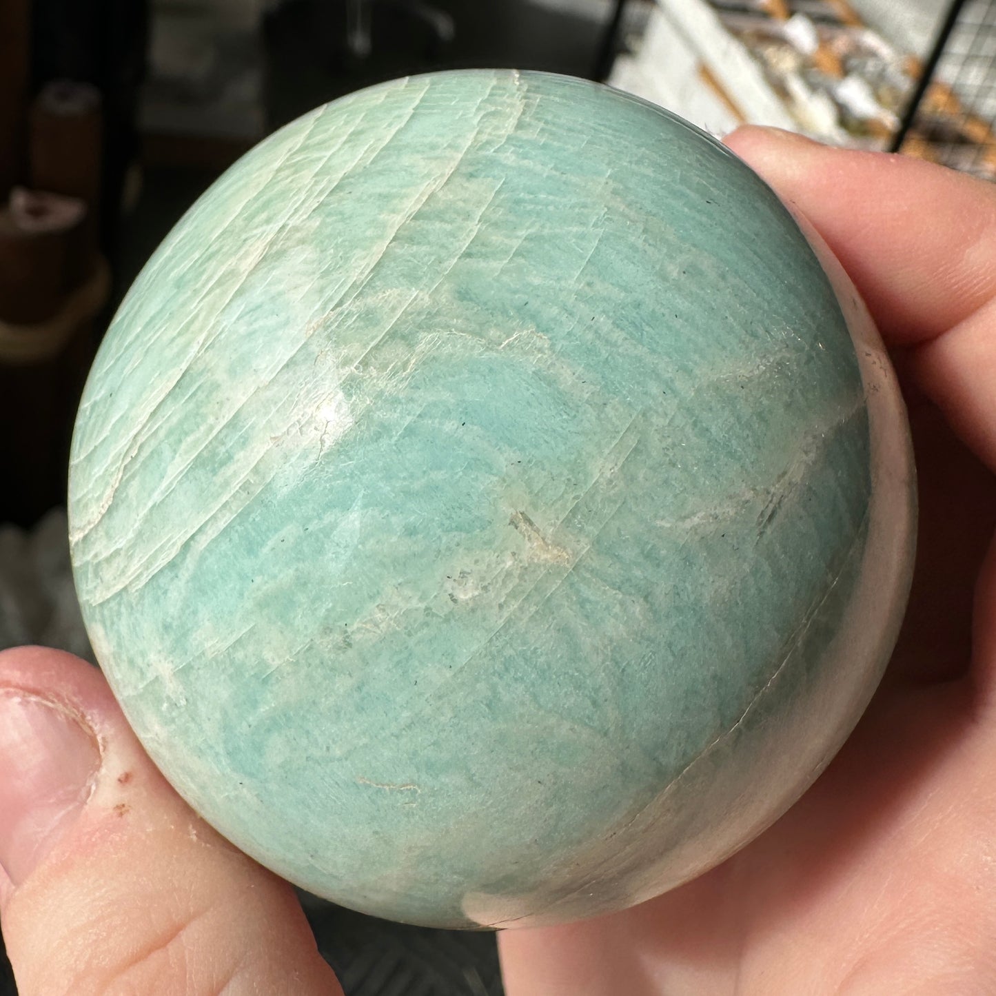 Vibrant 6.15cm Blue Green Amazonite Sphere from Brazil