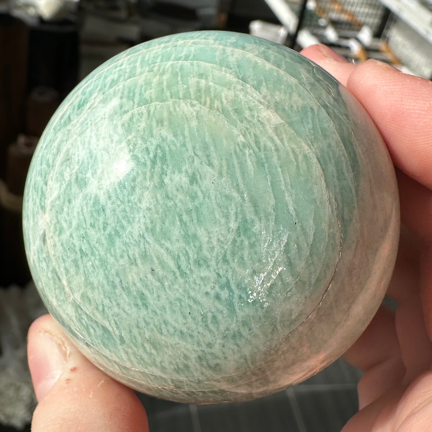 Vibrant 6.15cm Blue Green Amazonite Sphere from Brazil