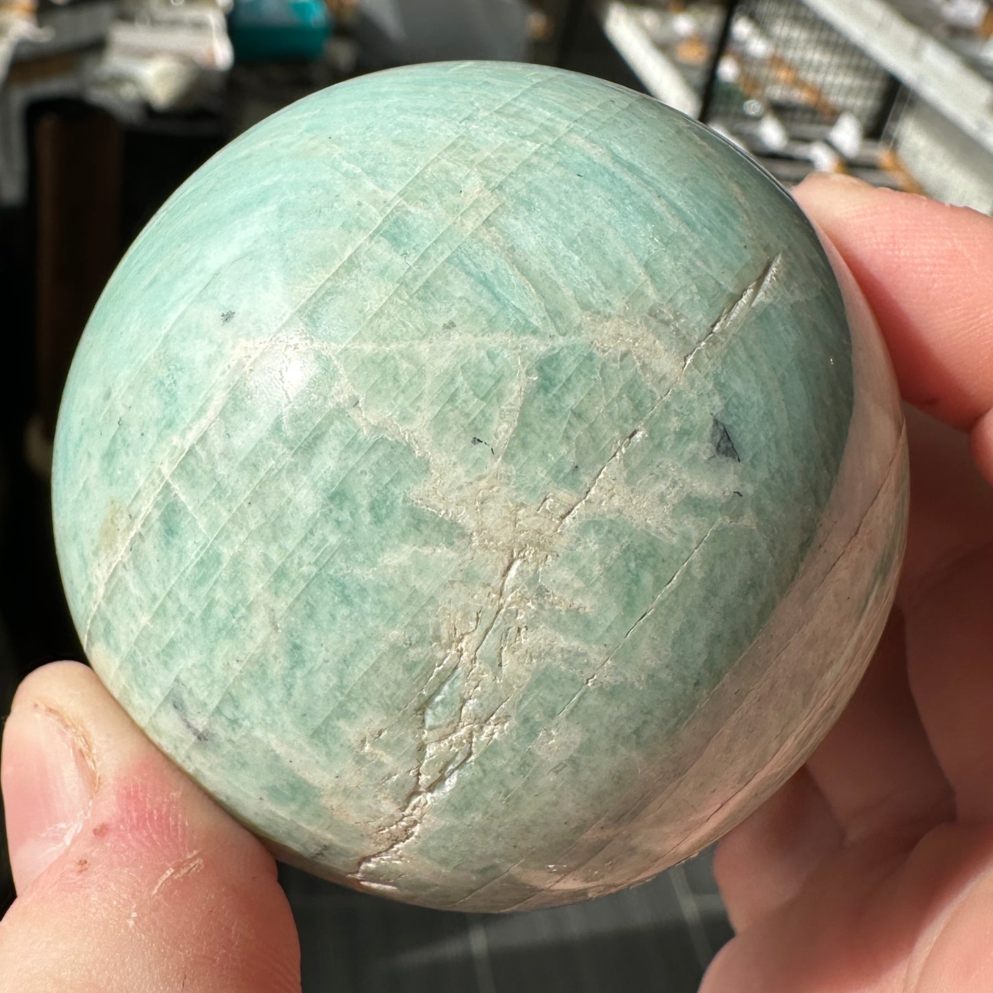Vibrant 6.15cm Blue Green Amazonite Sphere from Brazil