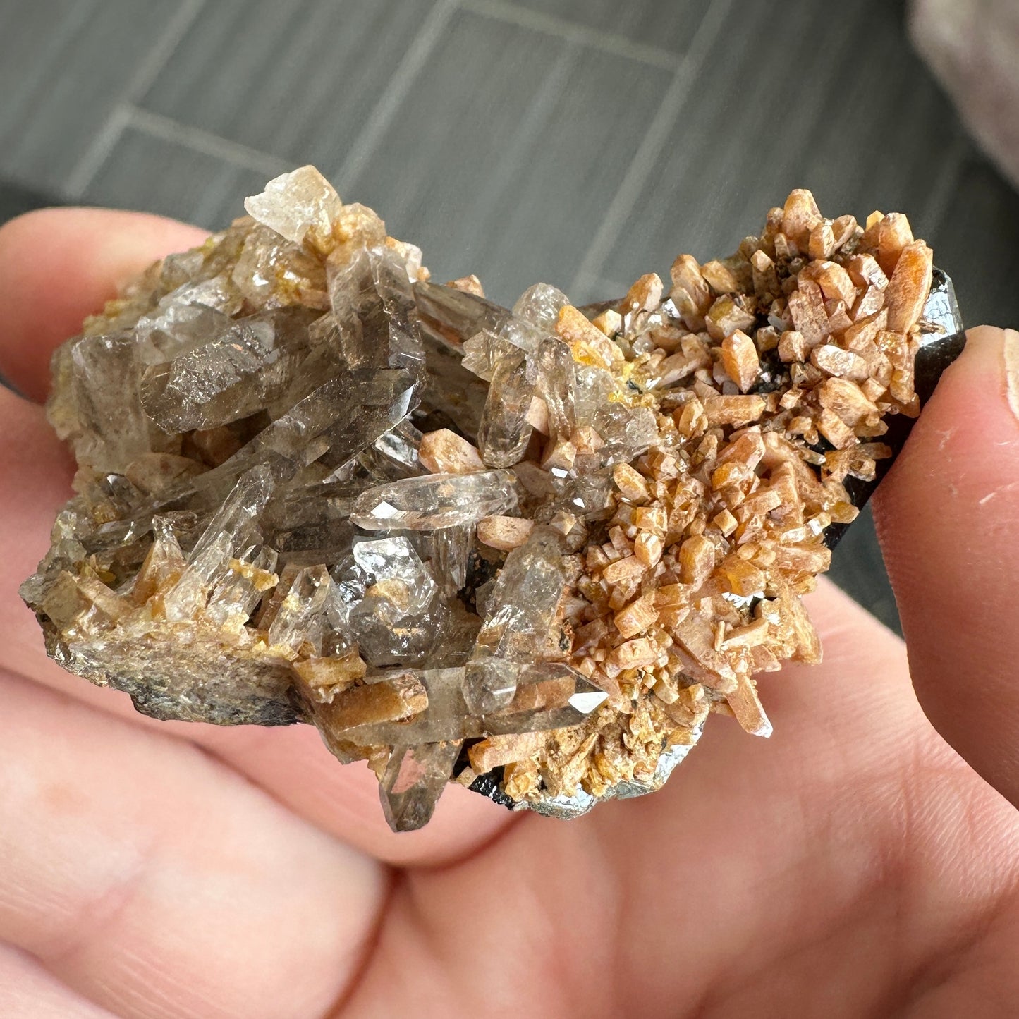 Miniature Sized Zircon on Smoky Quartz with Aegirine from Mount Malosa, Malawi