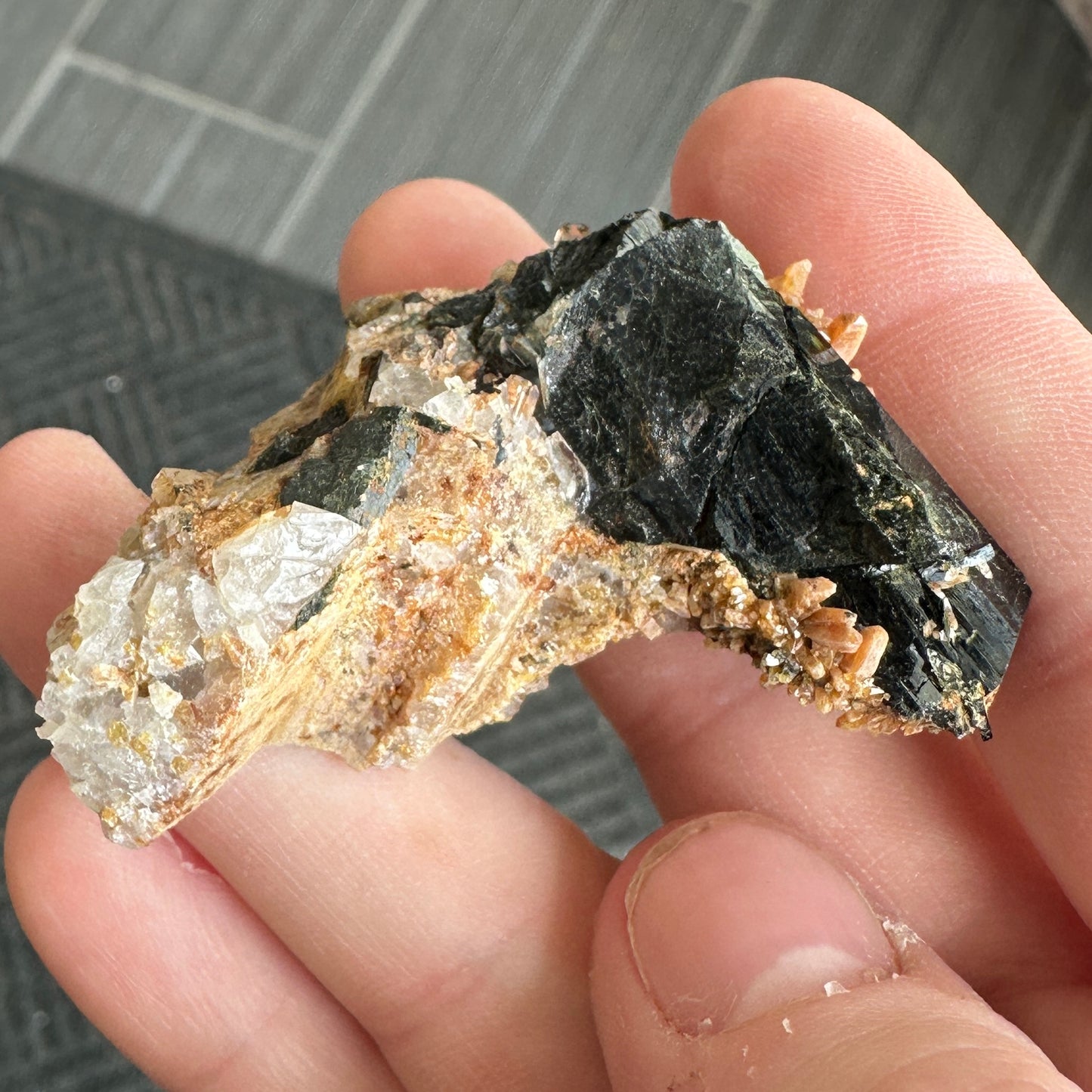 Miniature Sized Zircon on Smoky Quartz with Aegirine from Mount Malosa, Malawi