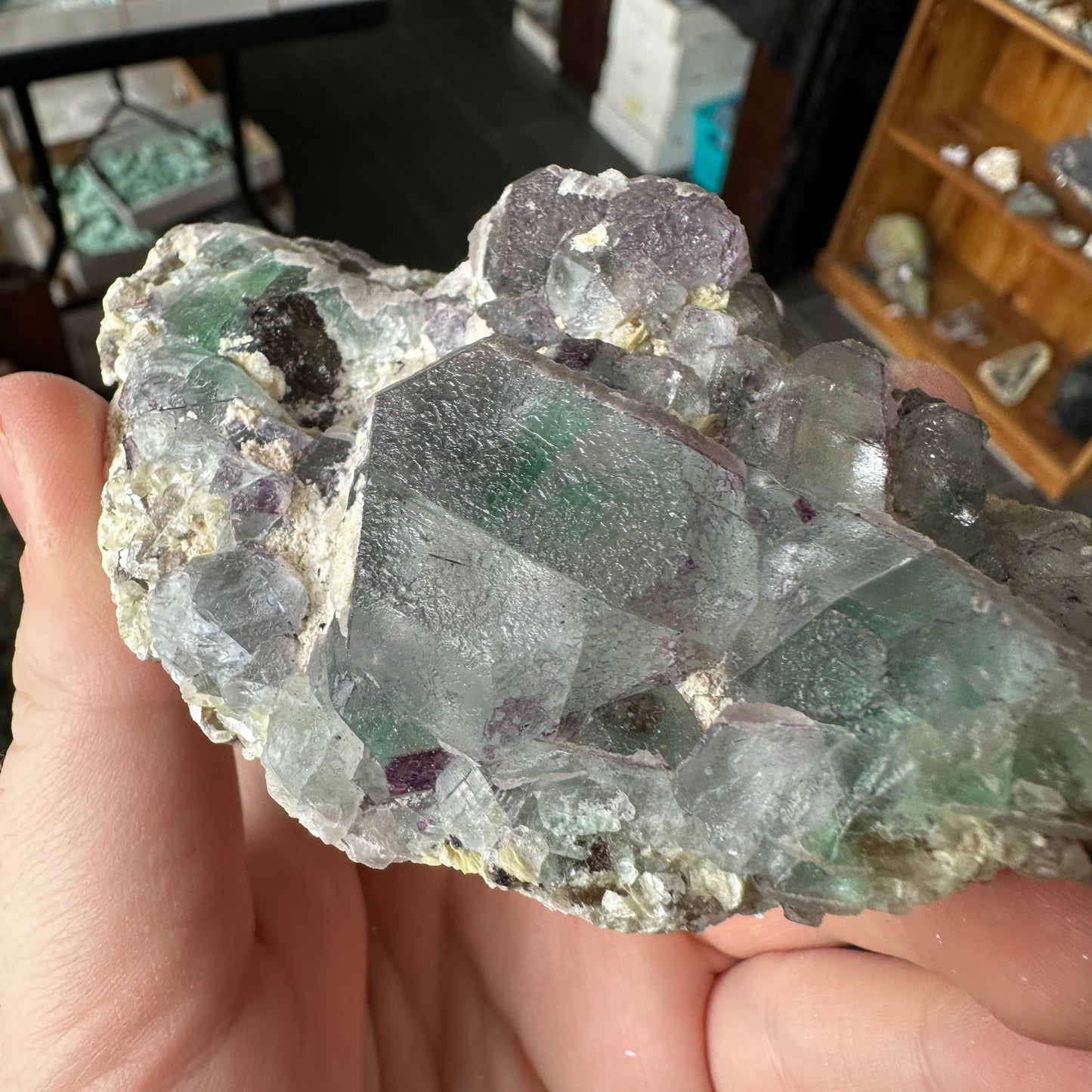 Cabinet Size Green and Purple Fluorite on Feldspar with Hyalite Opal from Erongo Mountain, Namibia