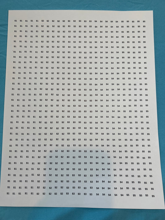 Price Sticker Sheet / $1-5