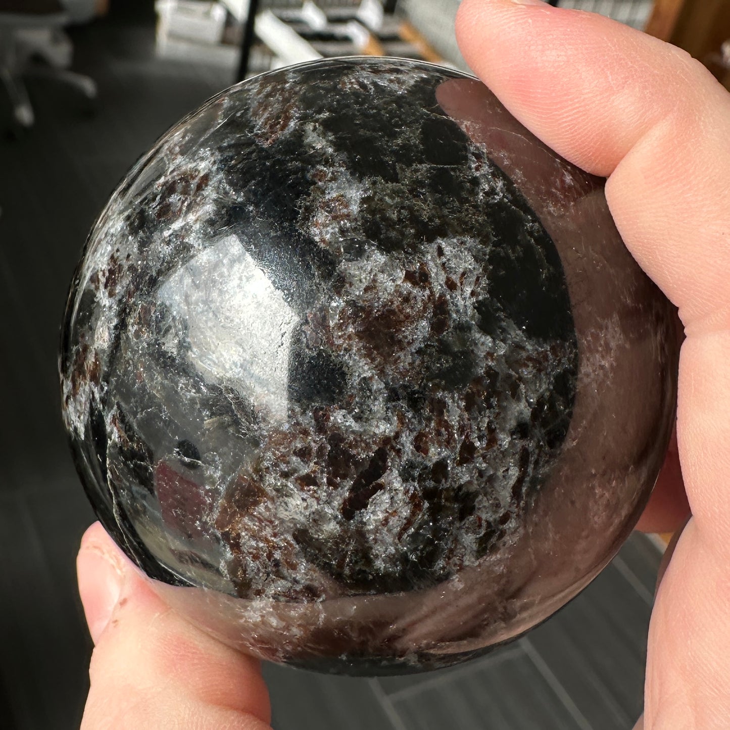 Radiant 6.80cm Astrophyllite and Garnet Sphere from India