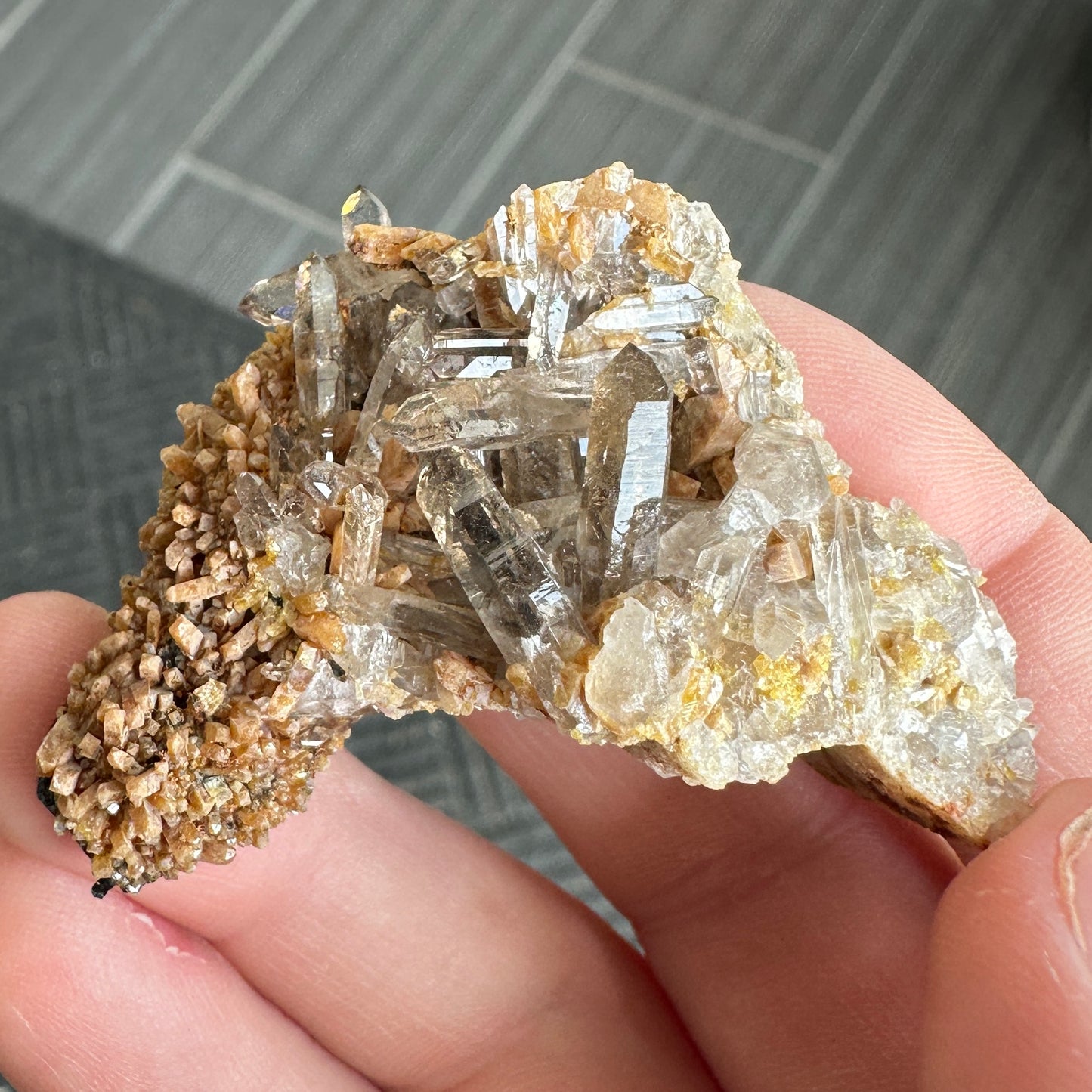 Miniature Sized Zircon on Smoky Quartz with Aegirine from Mount Malosa, Malawi