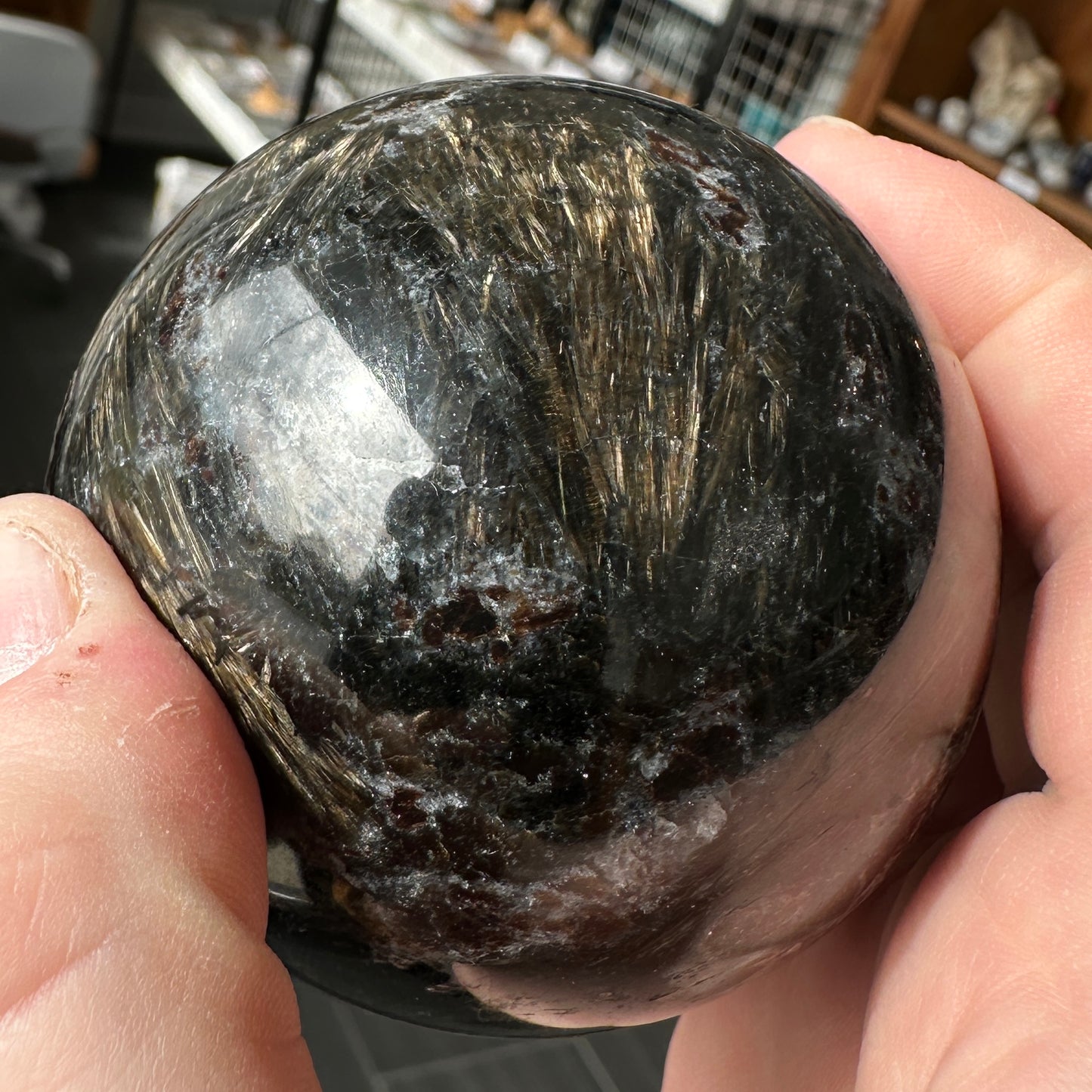 Radiant 6.80cm Astrophyllite and Garnet Sphere from India