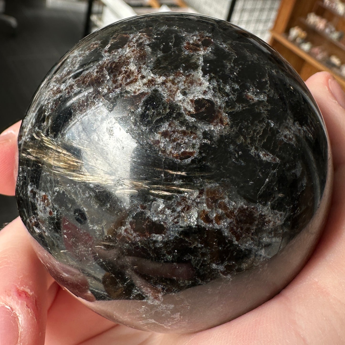 Radiant 6.80cm Astrophyllite and Garnet Sphere from India