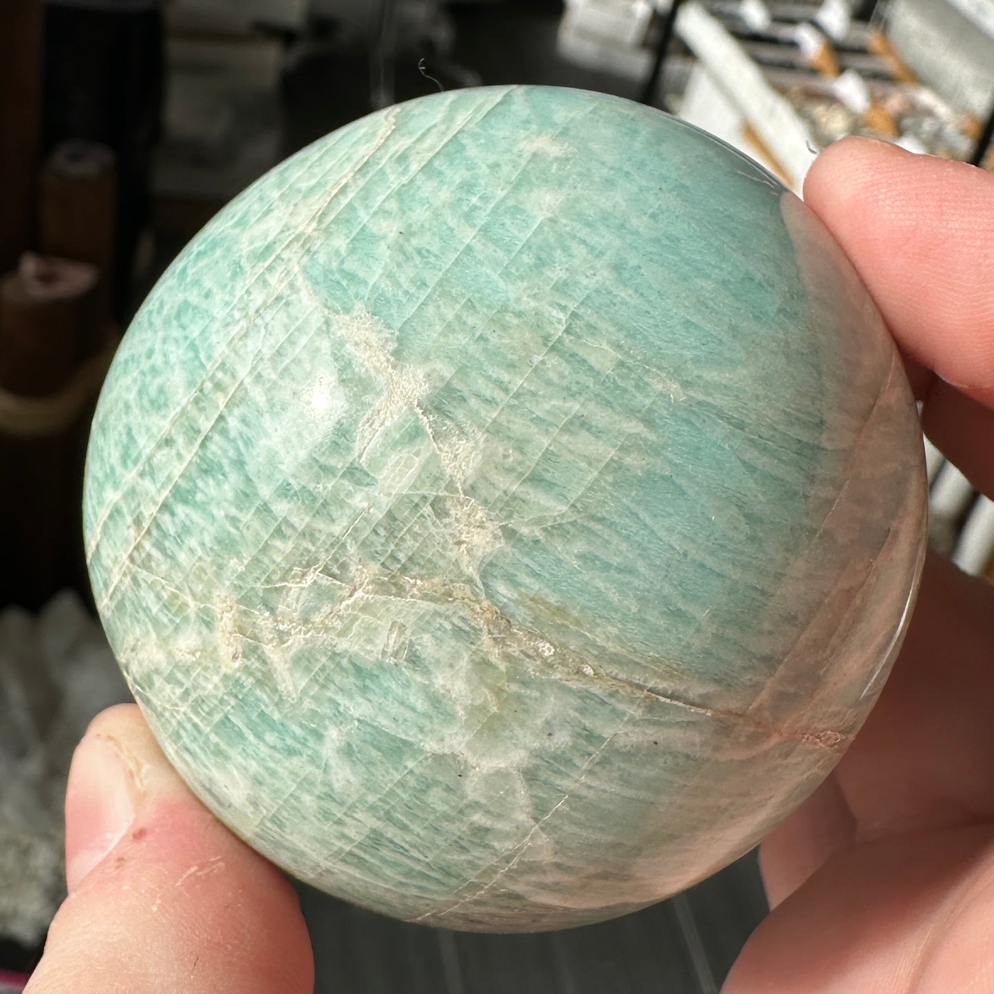 Vibrant 6.15cm Blue Green Amazonite Sphere from Brazil