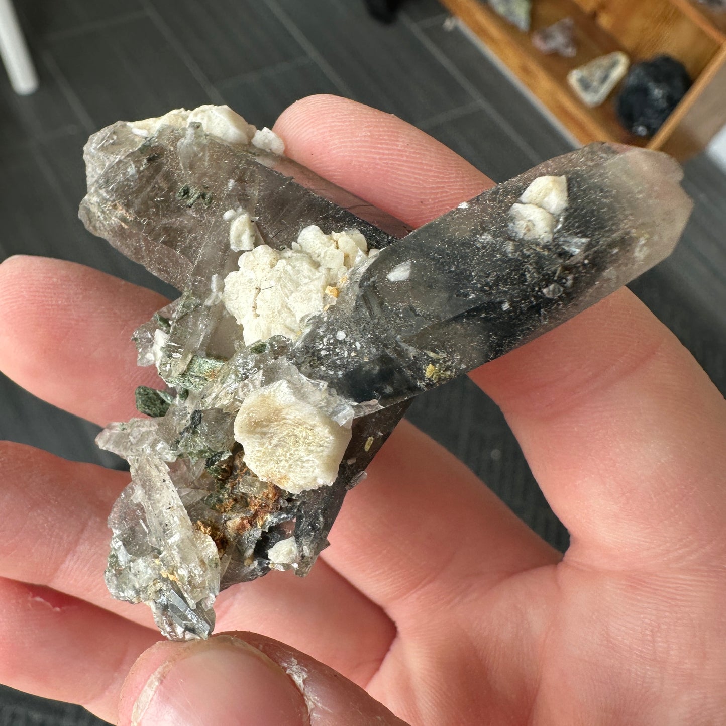 Miniature Sized Magnesioriebeckite Included Blue Quartz with Microcline Feldspar and Aegirine from Mount Malosa, Malawi