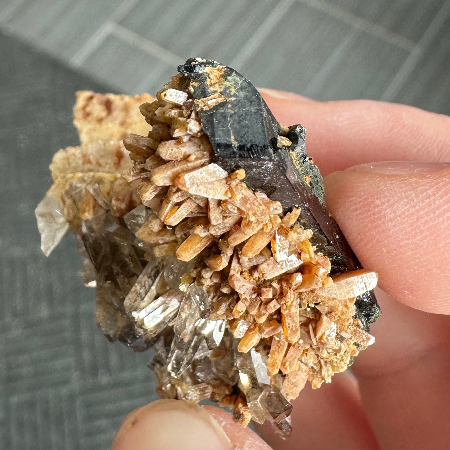 Miniature Sized Zircon on Smoky Quartz with Aegirine from Mount Malosa, Malawi