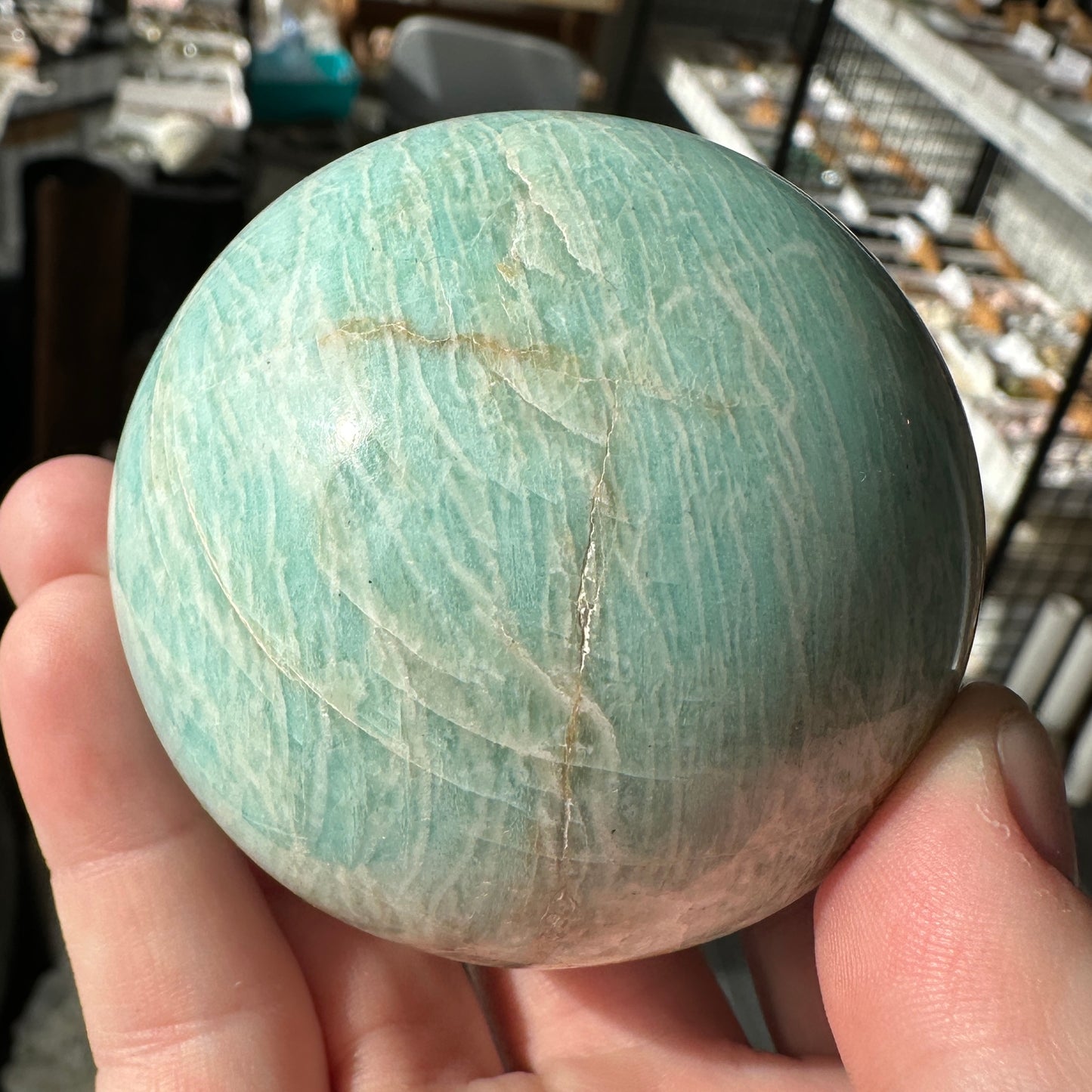 Vibrant 6.15cm Blue Green Amazonite Sphere from Brazil